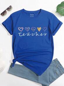 SHEIN LUNE Heart And Letter Graphic Tee - Blue - View 1