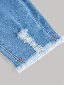 SHEIN Girlism Teen Girl Ripped Raw Hem Jeans - Light Wash - View 3
