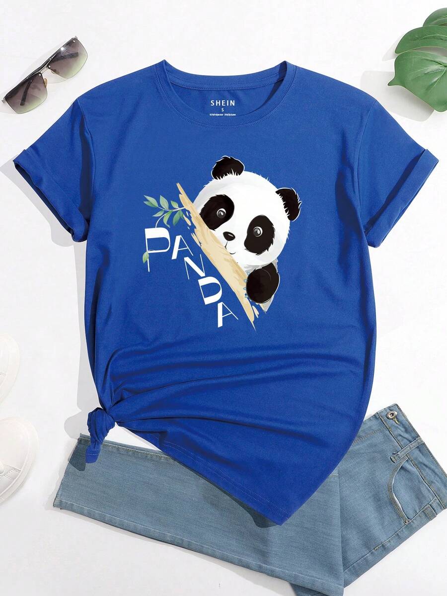 SHEIN LUNE 貓熊和字母圖案T恤 - 藍色 - 查看 1