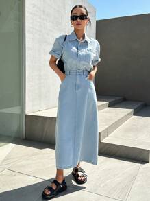 DAZY Túi có nắp Thả vai Áo khoác denim & Tách rời Váy - Màu xanh lam - Xem 1