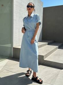 DAZY Túi có nắp Thả vai Áo khoác denim & Tách rời Váy - Màu xanh lam - Xem 3