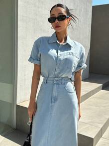 DAZY Túi có nắp Thả vai Áo khoác denim & Tách rời Váy - Màu xanh lam - Xem 4