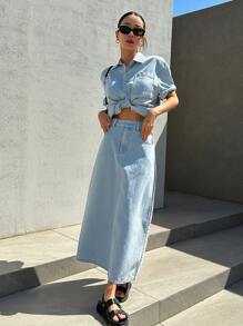 DAZY Túi có nắp Thả vai Áo khoác denim & Tách rời Váy - Màu xanh lam - Xem 6