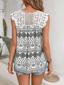 SHEIN VCAY Áo sơ mi nữ Tương phản ren mép Sò điệp Thắt nơ trước Hình học Bộ lạc Boho - Đen và trắng - Xem 3