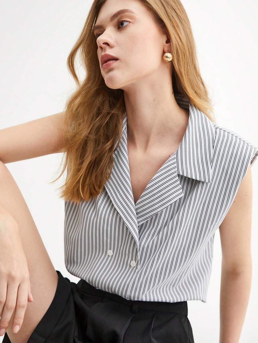 BizChic 棉西裝領條紋圖案無袖襯衫工作服 - 黑與白 - 查看 1
