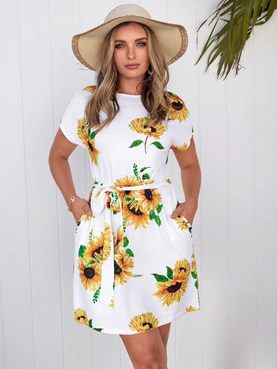 SHEIN LUNE 向日葵圖案腰帶斜口袋連衣裙 - 彩色 - 查看 1