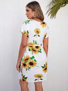 SHEIN LUNE 向日葵圖案腰帶斜口袋連衣裙 - 彩色 - 查看 2