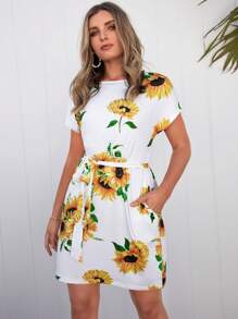 SHEIN LUNE 向日葵圖案腰帶斜口袋連衣裙 - 彩色 - 查看 4