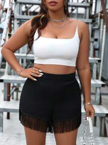 Flirla Plus Fringe Hem Solid Shorts - Black - View 4