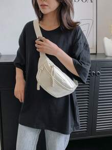 中等腰包極簡白色前拉鏈 - 白色 - 查看 1