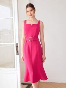 MOTF PREMIUM Đầm Midi Thắt lưng Mỹ nhân ngư - Màu Hồng Tươi - Xem 7