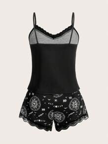 ROMWE Academia Sun & Moon Graphic Contrast Lace PJ Set - Black - View 2