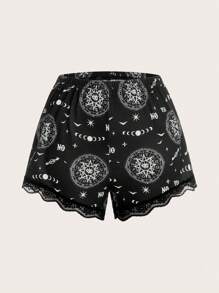 ROMWE Academia Sun & Moon Graphic Contrast Lace PJ Set - Black - View 4