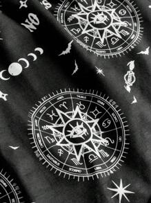 ROMWE Academia Sun & Moon Graphic Contrast Lace PJ Set - Black - View 6