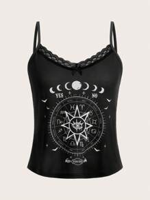 ROMWE Academia Sun & Moon Graphic Contrast Lace PJ Set - Black - View 7