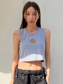 DAZY 太陽印花短款背心 - 灰色 - 查看 5