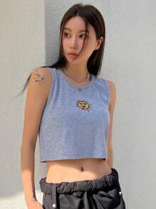 DAZY 太陽印花短款背心 - 灰色 - 查看 8