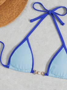 Swim Vcay Summer Beach Contrast Binding Halter Triangle Bikini Set - Baby Blue - View 4