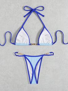 Swim Vcay Summer Beach Contrast Binding Halter Triangle Bikini Set - Baby Blue - View 5