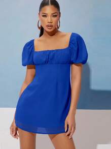 SHEIN Privé Square Neck Puff Sleeve Ruched Bust Dress - Royal Blue - View 1