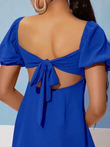SHEIN Privé Square Neck Puff Sleeve Ruched Bust Dress - Royal Blue - View 4