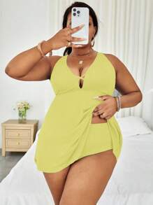 加大码纯色交叉比基尼夏季海滩装 - 黃色 - 查看 1