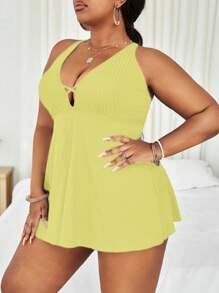 加大码纯色交叉比基尼夏季海滩装 - 黃色 - 查看 3