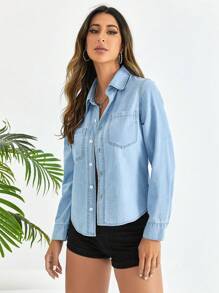 SHEIN Essnce Pocket Patched Button Front Denim Top - Light Wash - View 6