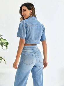 SHEIN Essnce Flap Pocket Crop Denim Jacket - Medium Wash - View 3