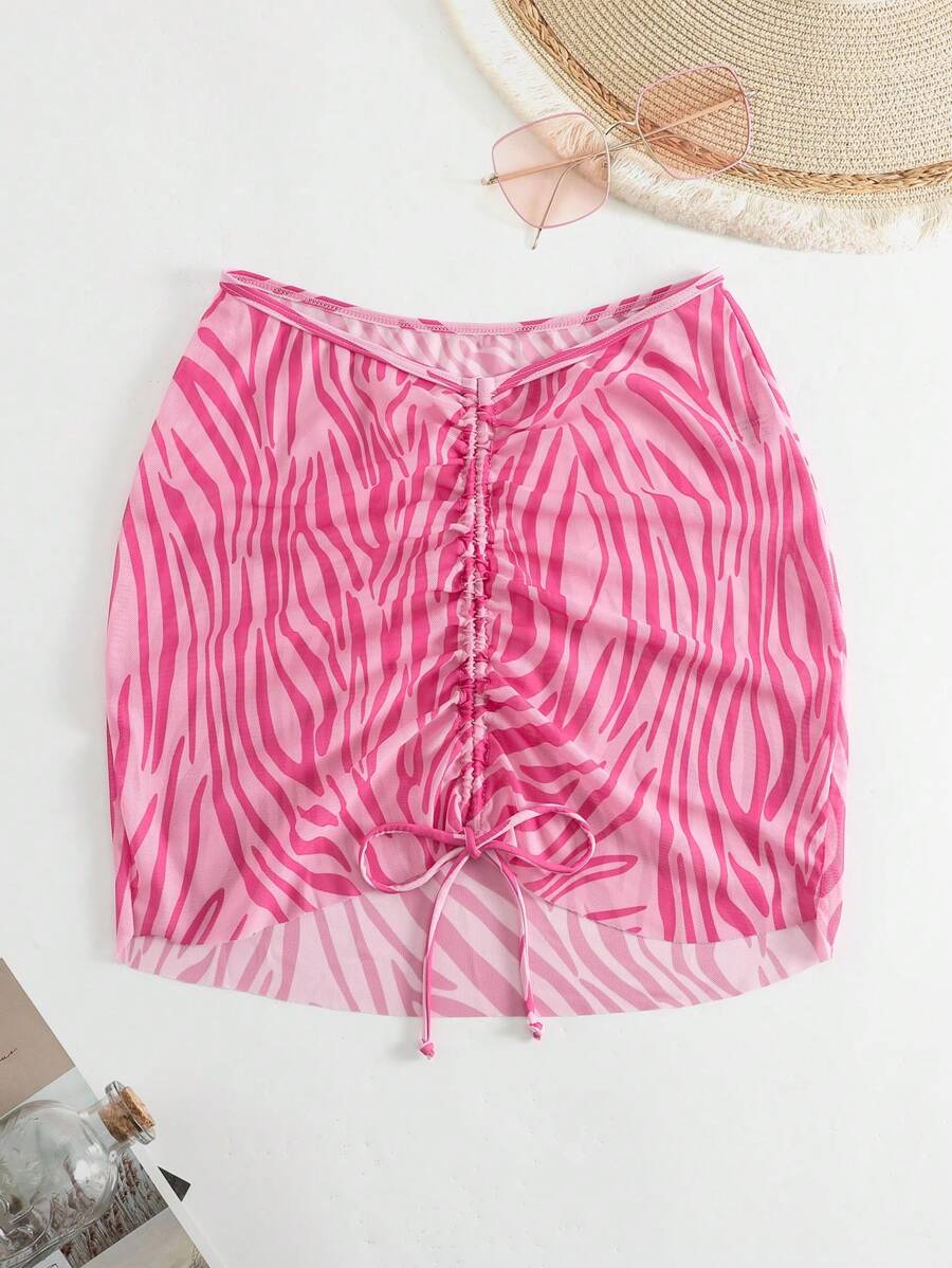 Swim Mod 2pcs/Set 2025 Vacation Beach Zebra Print Drawstring Coverup Top And Skirt Set Summer - Pink - View 1