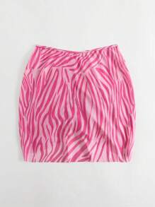 Swim Mod 2pcs/Set 2025 Vacation Beach Zebra Print Drawstring Coverup Top And Skirt Set Summer - Pink - View 2