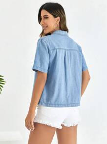 SHEIN Frenchy Áo khoác denim nữ Túi Nút phía trước màu trơn Giải trí - Rửa trung bình - Xem 3