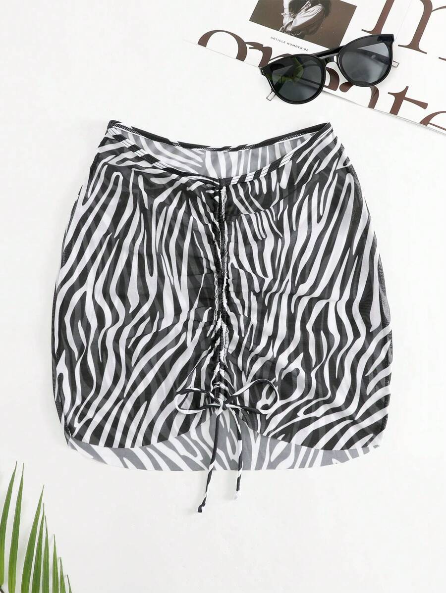 SHEIN Swim 2025 Women Zebra Print Draw String Front Split Hem Cover-Up Top & Mini Skirt Set Summer - Black and White - View 1