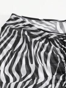 SHEIN Swim 2025 Women Zebra Print Draw String Front Split Hem Cover-Up Top & Mini Skirt Set Summer - Black and White - View 3