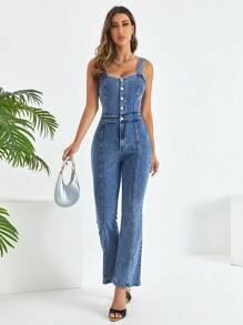 SHEIN Frenchy Quần yếm & áo liền quần denim dành cho nữ Túi Dây kéo Nút phía trước màu trơn Giải trí - Rửa trung bình - Xem 1