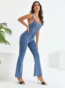 SHEIN Frenchy Quần yếm & áo liền quần denim dành cho nữ Túi Dây kéo Nút phía trước màu trơn Giải trí - Rửa trung bình - Xem 2