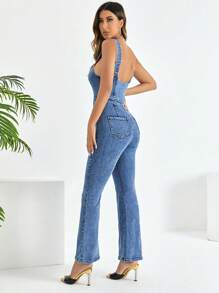 SHEIN Frenchy Quần yếm & áo liền quần denim dành cho nữ Túi Dây kéo Nút phía trước màu trơn Giải trí - Rửa trung bình - Xem 3