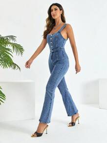 SHEIN Frenchy Quần yếm & áo liền quần denim dành cho nữ Túi Dây kéo Nút phía trước màu trơn Giải trí - Rửa trung bình - Xem 4