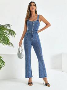 SHEIN Frenchy Quần yếm & áo liền quần denim dành cho nữ Túi Dây kéo Nút phía trước màu trơn Giải trí - Rửa trung bình - Xem 5