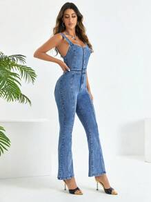 SHEIN Frenchy Quần yếm & áo liền quần denim dành cho nữ Túi Dây kéo Nút phía trước màu trơn Giải trí - Rửa trung bình - Xem 6
