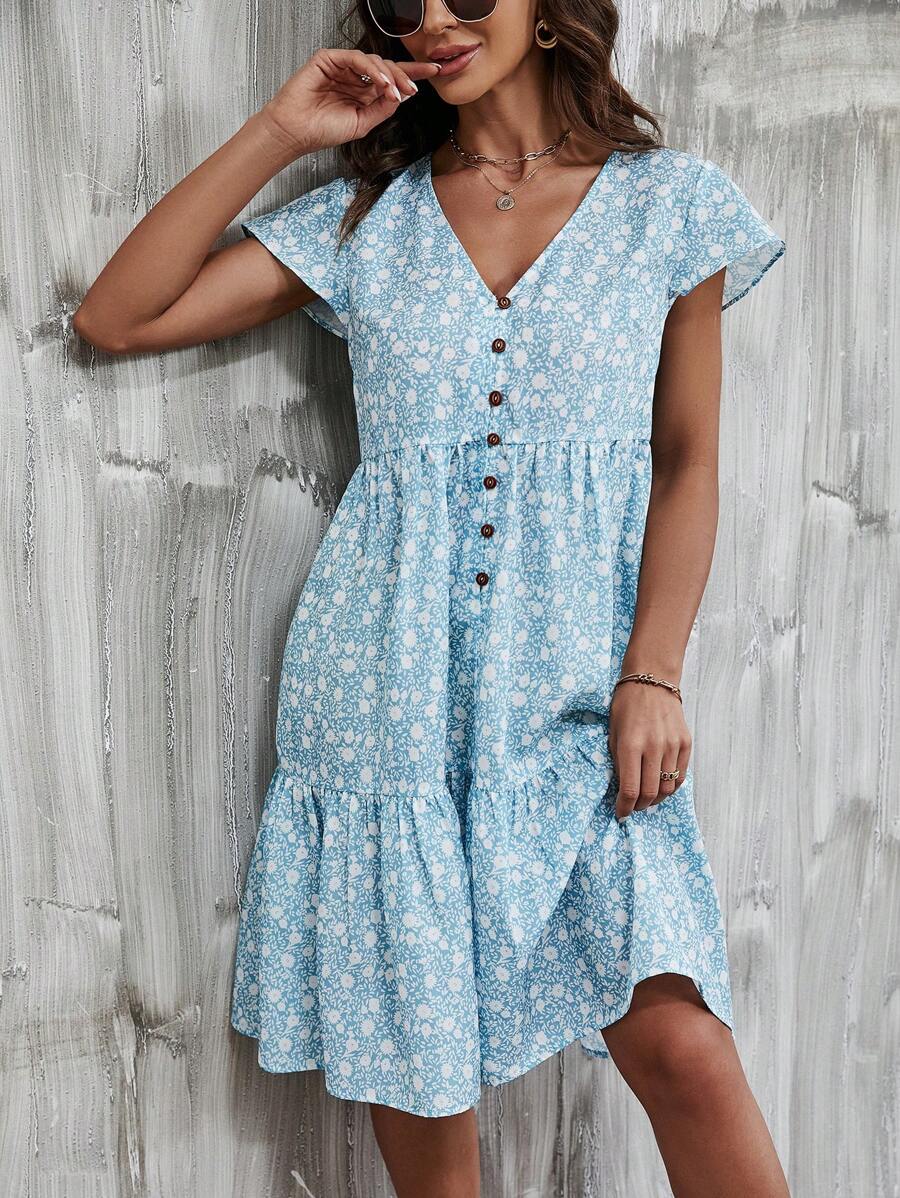 SHEIN LUNE Đầm Viên lá sen Nút phía trước Họa tiết hoa Boho - Xanh và trắng - Xem 1