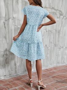 SHEIN LUNE Đầm Viên lá sen Nút phía trước Họa tiết hoa Boho - Xanh và trắng - Xem 2