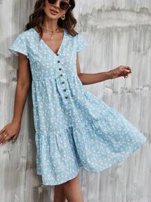 SHEIN LUNE Đầm Viên lá sen Nút phía trước Họa tiết hoa Boho - Xanh và trắng - Xem 3