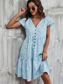 SHEIN LUNE Đầm Viên lá sen Nút phía trước Họa tiết hoa Boho - Xanh và trắng - Xem 4