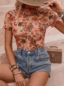 SHEIN LUNE 印花小高領網紗上衣 - 橘色 - 查看 1