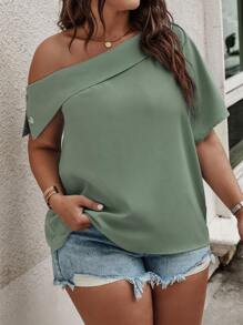 SHEIN LUNE Plus Solid Asymmetrical Neck Batwing Sleeve Blouse - Mint Green - View 1