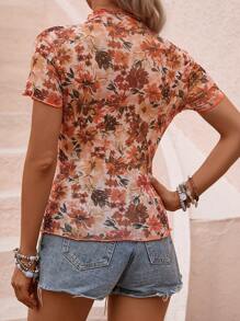 SHEIN LUNE 印花小高領網紗上衣 - 橘色 - 查看 2