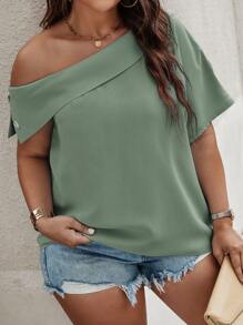 SHEIN LUNE Plus Solid Asymmetrical Neck Batwing Sleeve Blouse - Mint Green - View 5