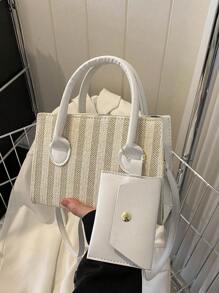 小草編包條紋圖案帶零錢包,完美適合夏天海灘旅行度假 - 米色 - 查看 1