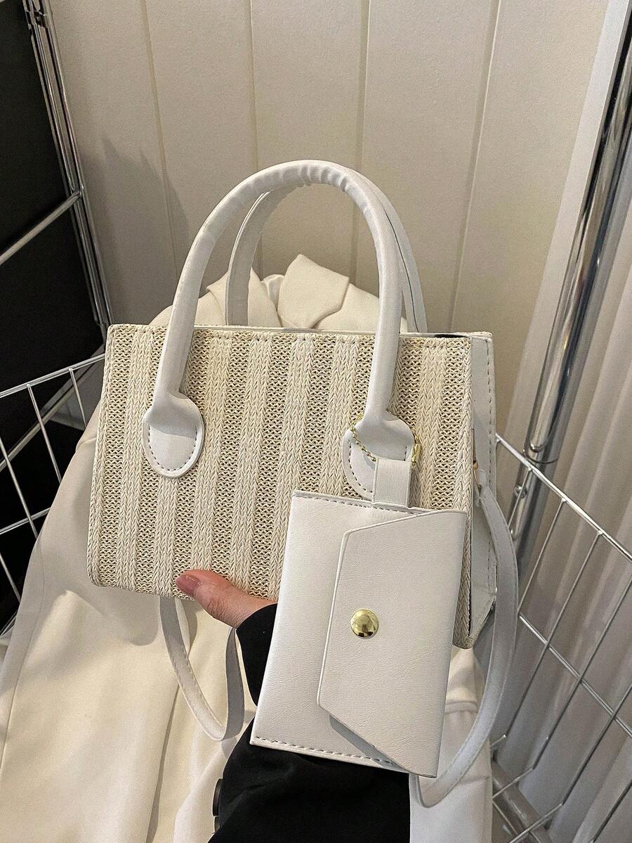 小草編包條紋圖案帶零錢包,完美適合夏天海灘旅行度假 - 米色 - 查看 1